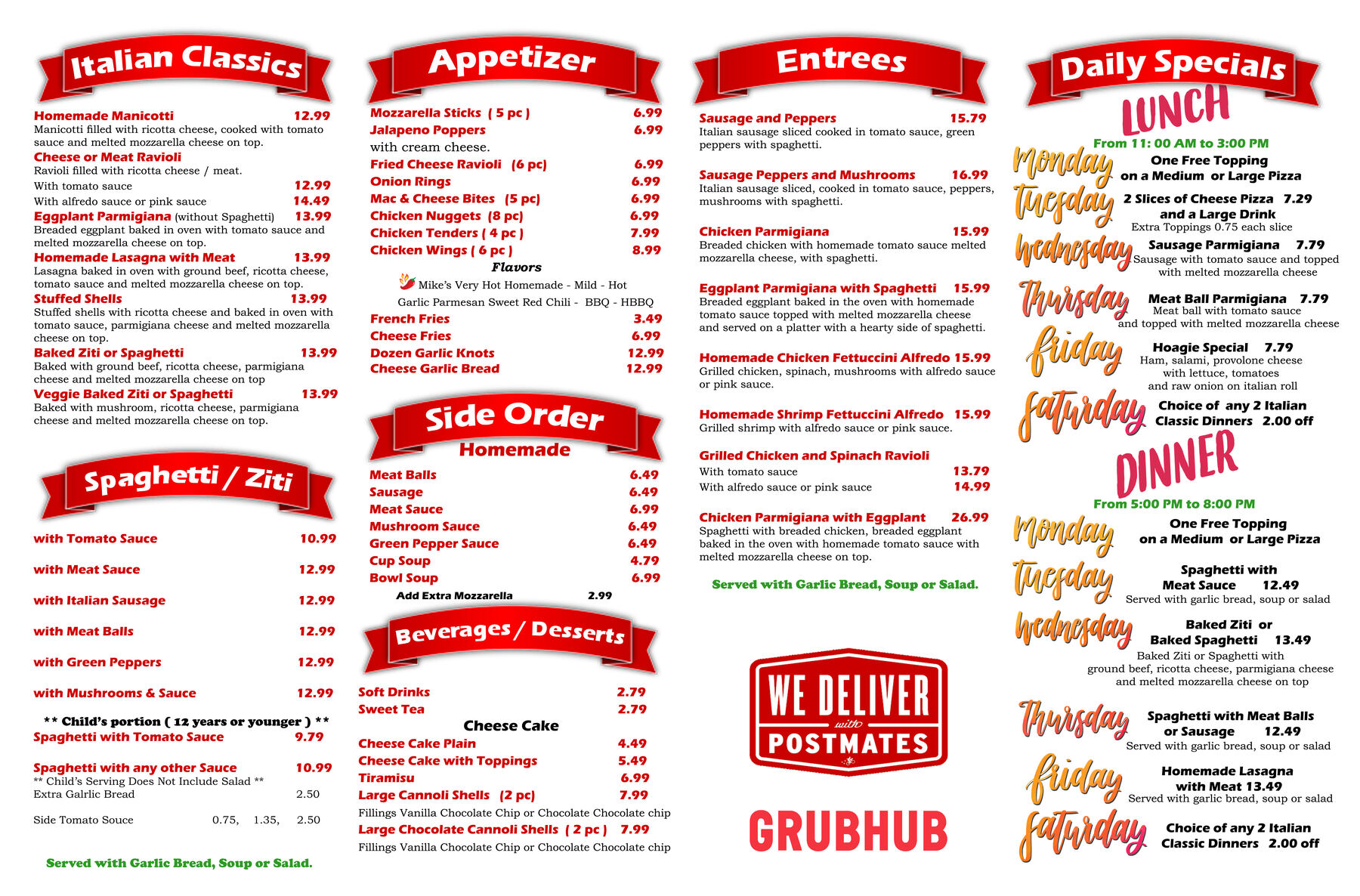 Back of Mike's NY Style Pizza printable menu